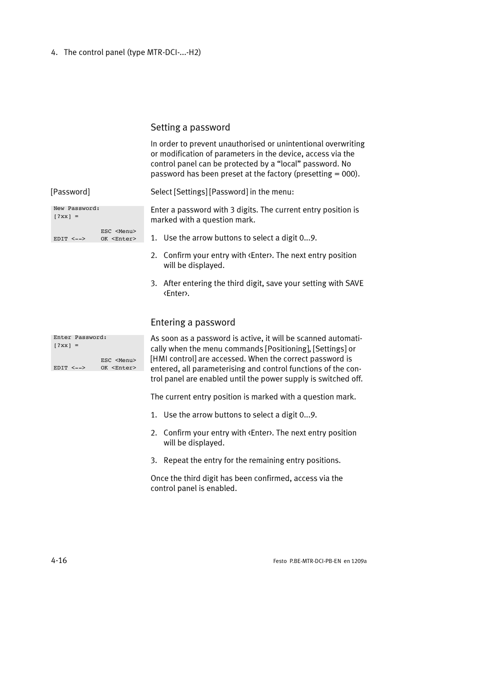 Setting a password, Entering a password | Festo Электромотор MTR-DCI User Manual | Page 82 / 306