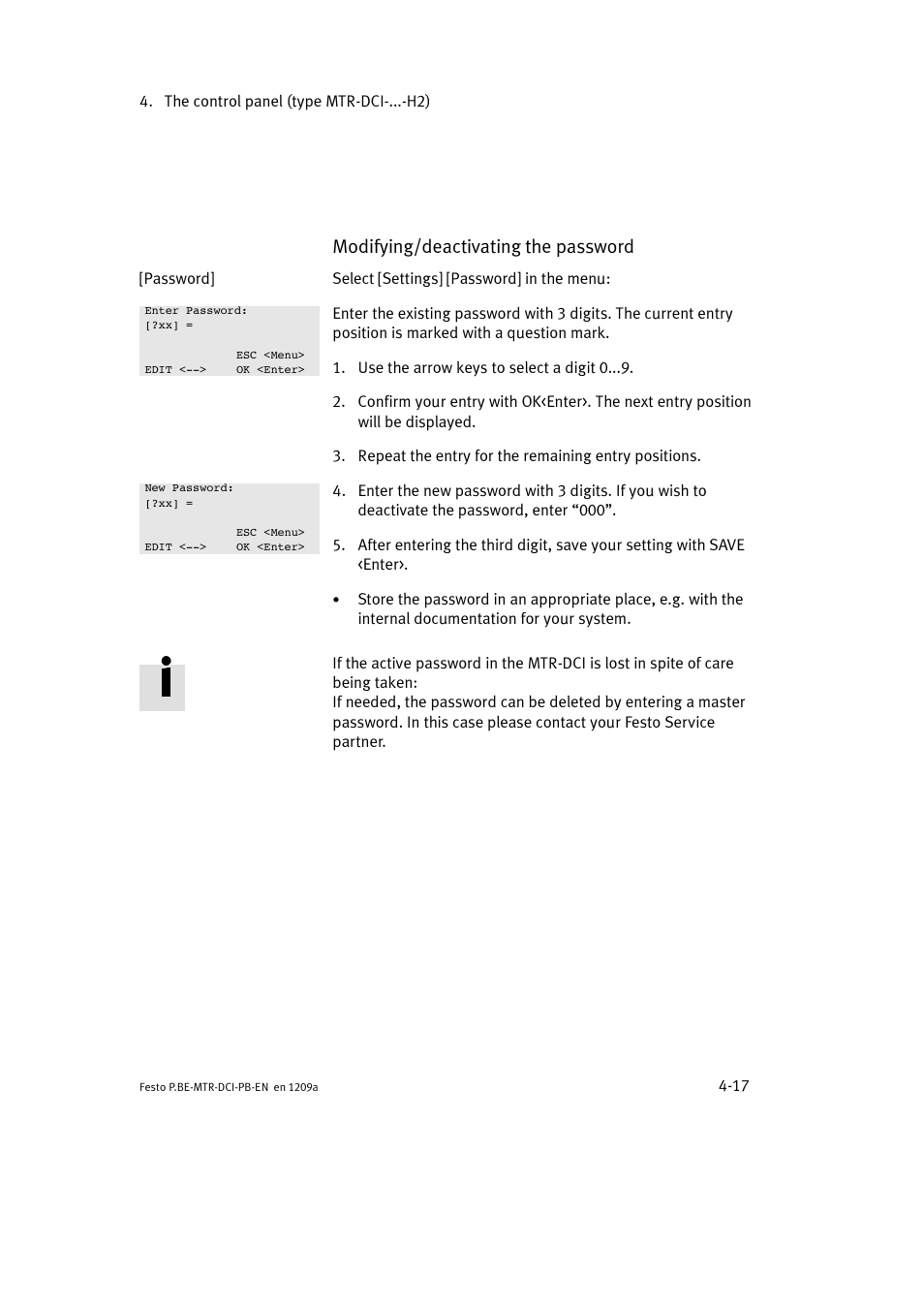 Modifying/deactivating the password | Festo Электромотор MTR-DCI User Manual | Page 83 / 306