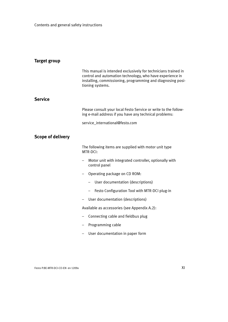 Target group, Service, Scope of delivery | Festo Электромотор MTR-DCI User Manual | Page 13 / 352