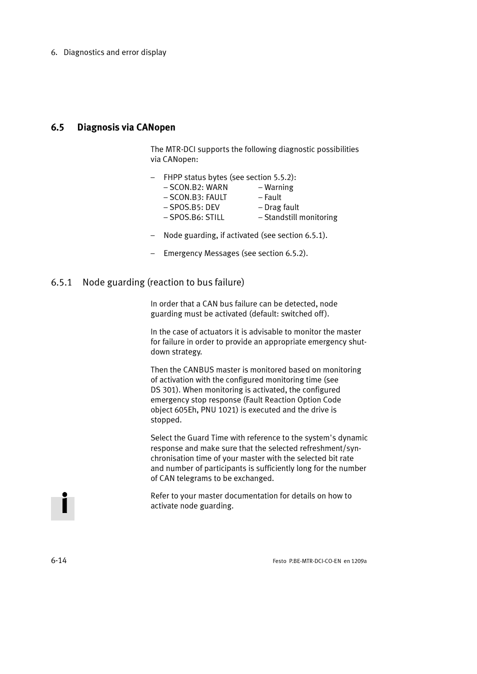 5 diagnosis via canopen, 1 node guarding (reaction to bus failure) | Festo Электромотор MTR-DCI User Manual | Page 198 / 352