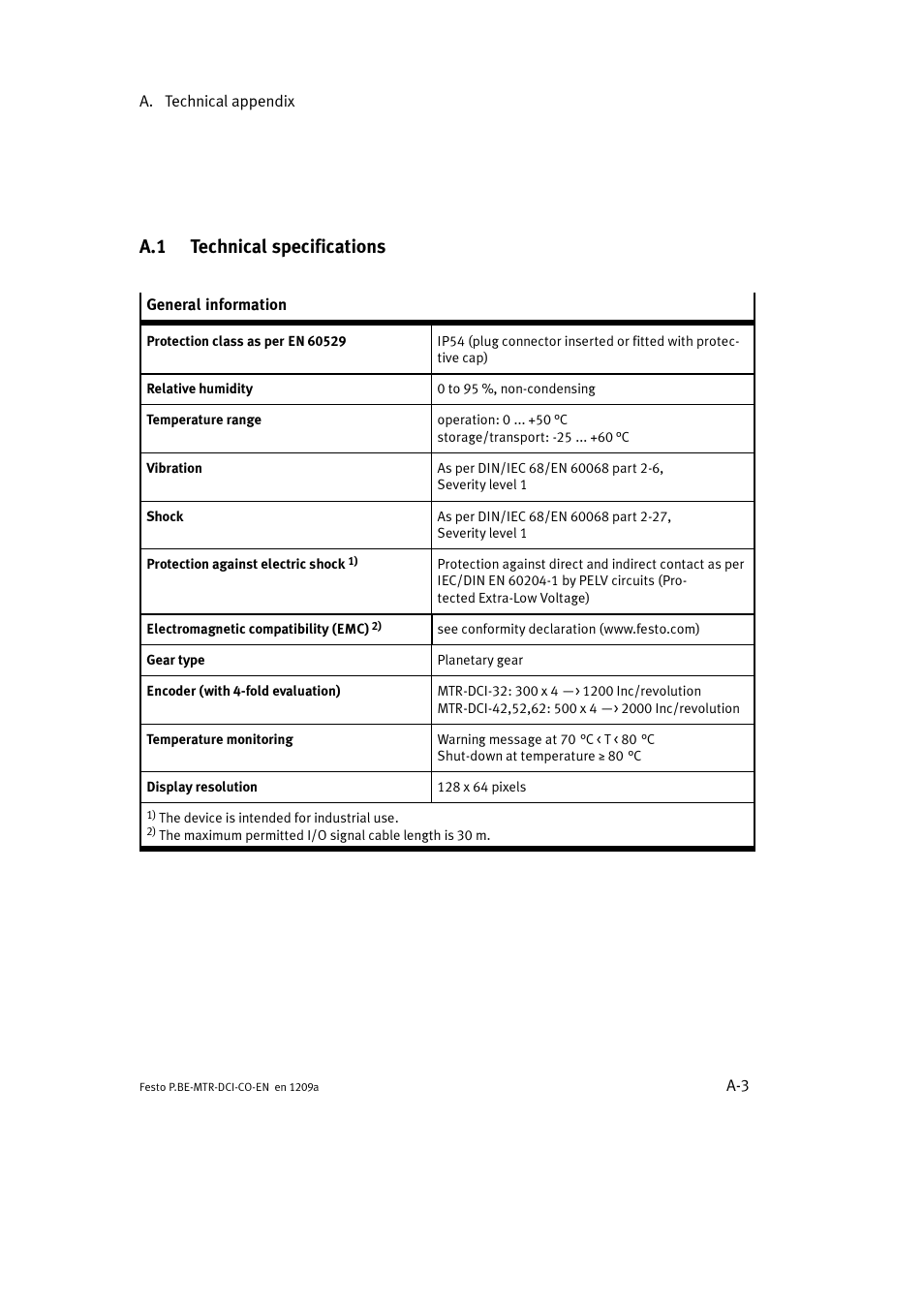 A.1 technical specifications | Festo Электромотор MTR-DCI User Manual | Page 203 / 352