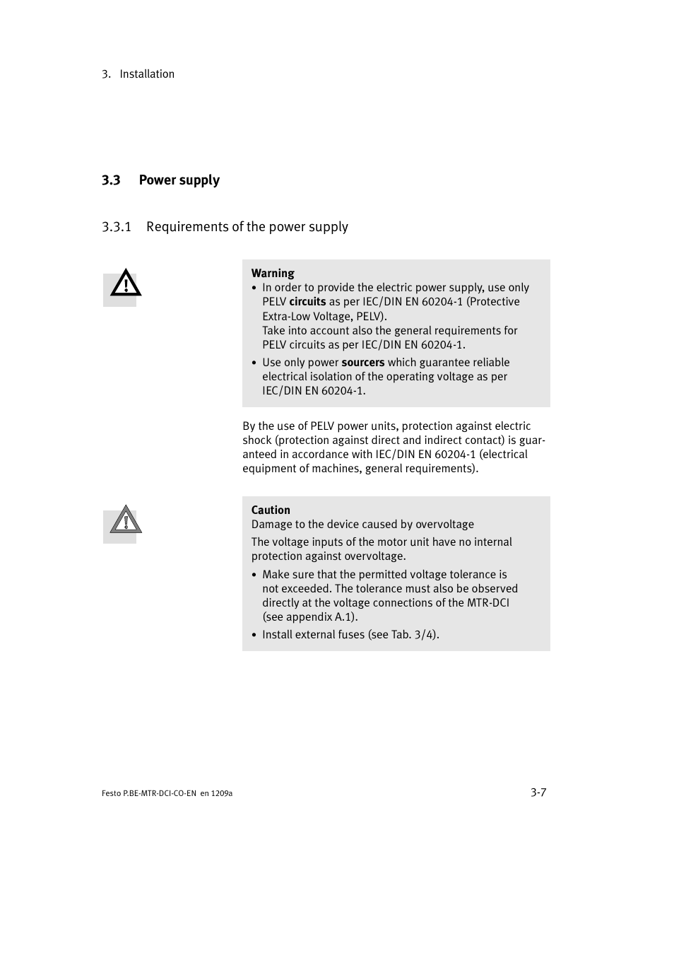 3 power supply, 1 requirements of the power supply | Festo Электромотор MTR-DCI User Manual | Page 59 / 352