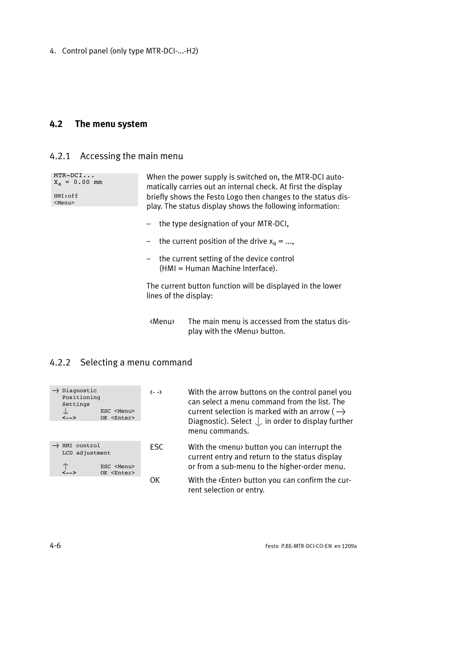 2 the menu system, 1 accessing the main menu, 2 selecting a menu command | 2 the menu system 4.2.1 accessing the main menu | Festo Электромотор MTR-DCI User Manual | Page 78 / 352