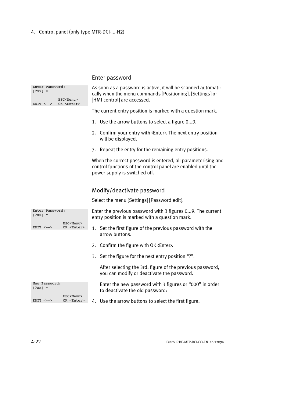 Enter password, Modify/deactivate password | Festo Электромотор MTR-DCI User Manual | Page 94 / 352