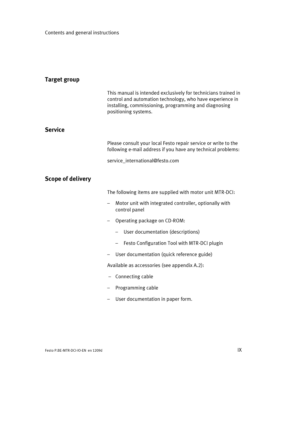 Target group, Service, Scope of delivery | Festo Электромотор MTR-DCI User Manual | Page 11 / 182