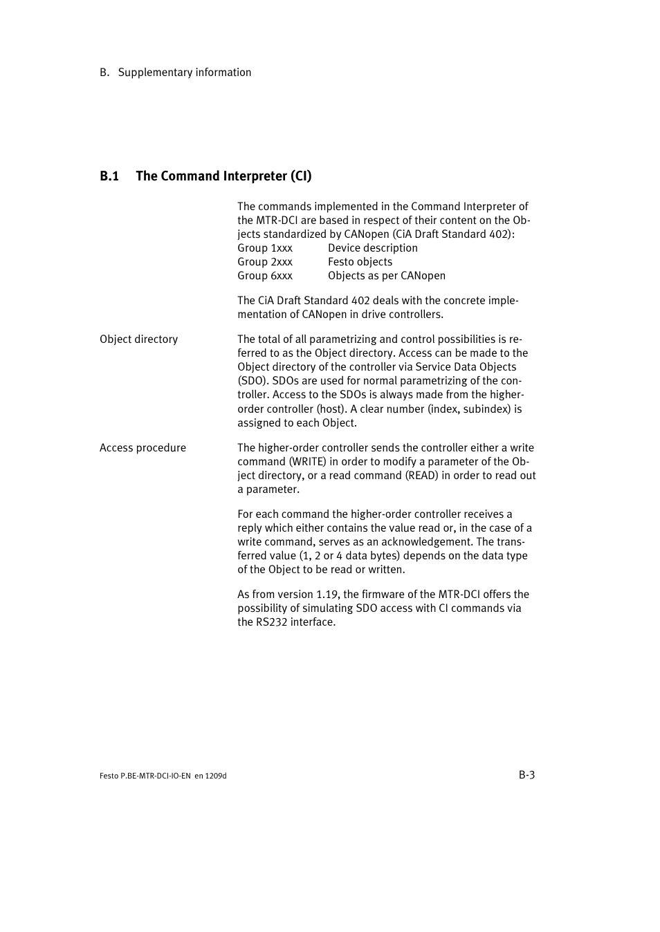 B.1 the command interpreter (ci) | Festo Электромотор MTR-DCI User Manual | Page 139 / 182