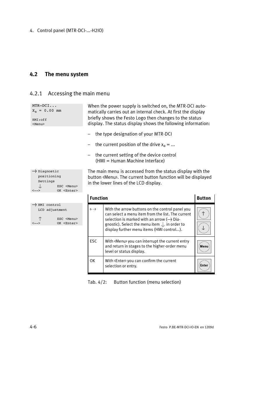 2 the menu system, 1 accessing the main menu, 2 the menu system 4.2.1 accessing the main menu | Festo Электромотор MTR-DCI User Manual | Page 64 / 182