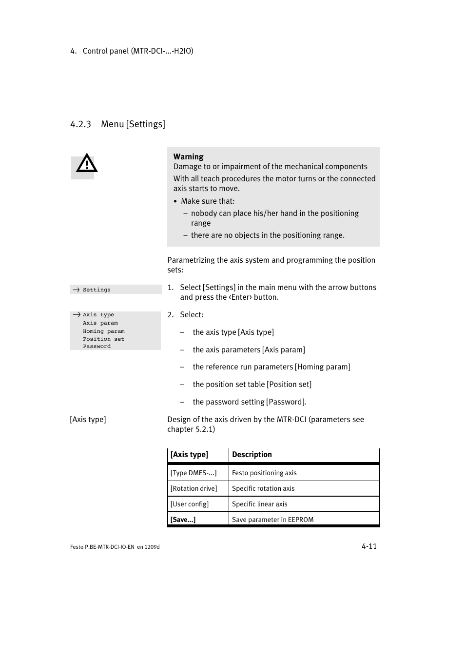 3 menu [settings | Festo Электромотор MTR-DCI User Manual | Page 69 / 182