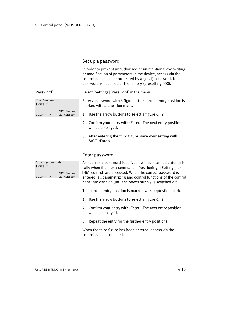 Set up a password, Enter password | Festo Электромотор MTR-DCI User Manual | Page 73 / 182