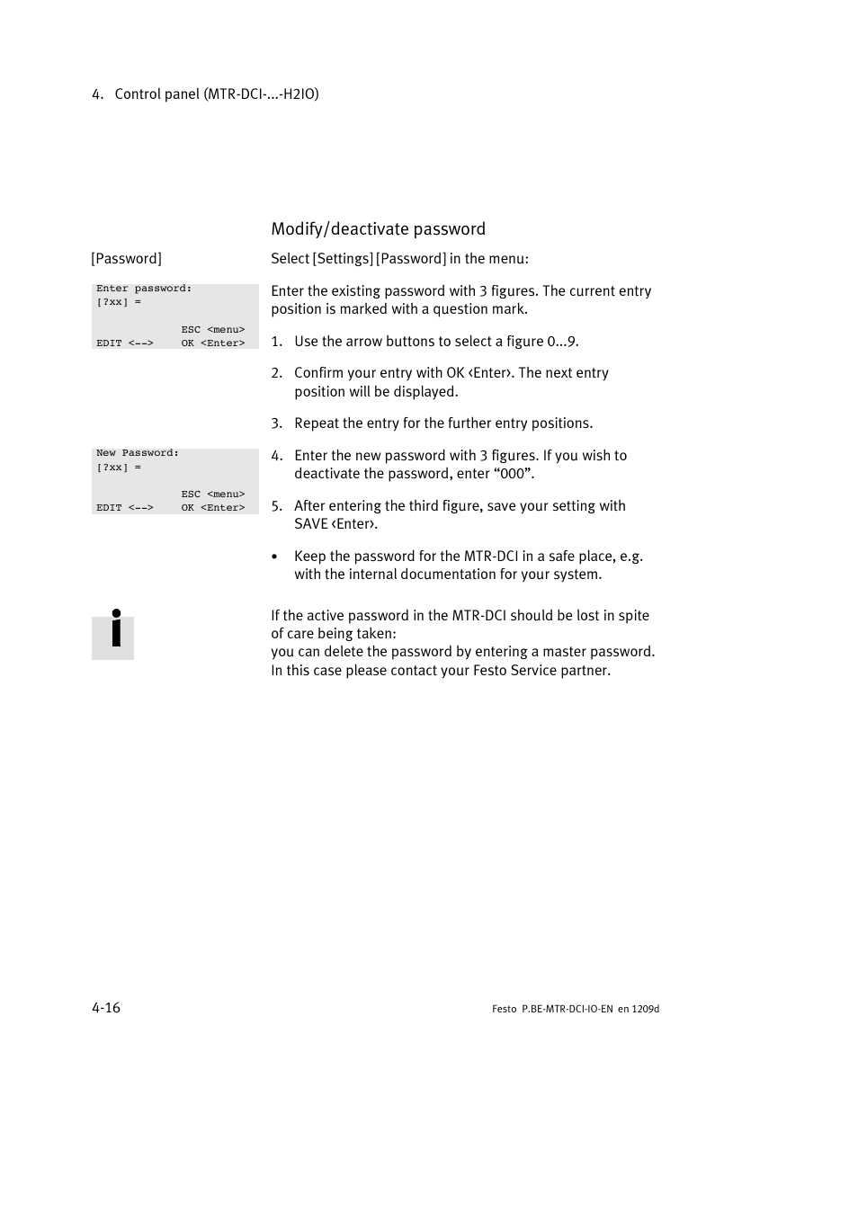 Modify/deactivate password | Festo Электромотор MTR-DCI User Manual | Page 74 / 182