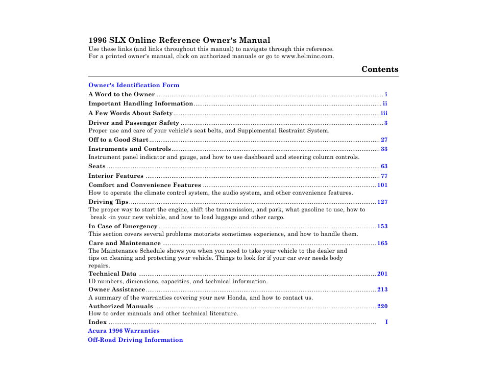 Acura 1996 SLX User Manual | 1 page