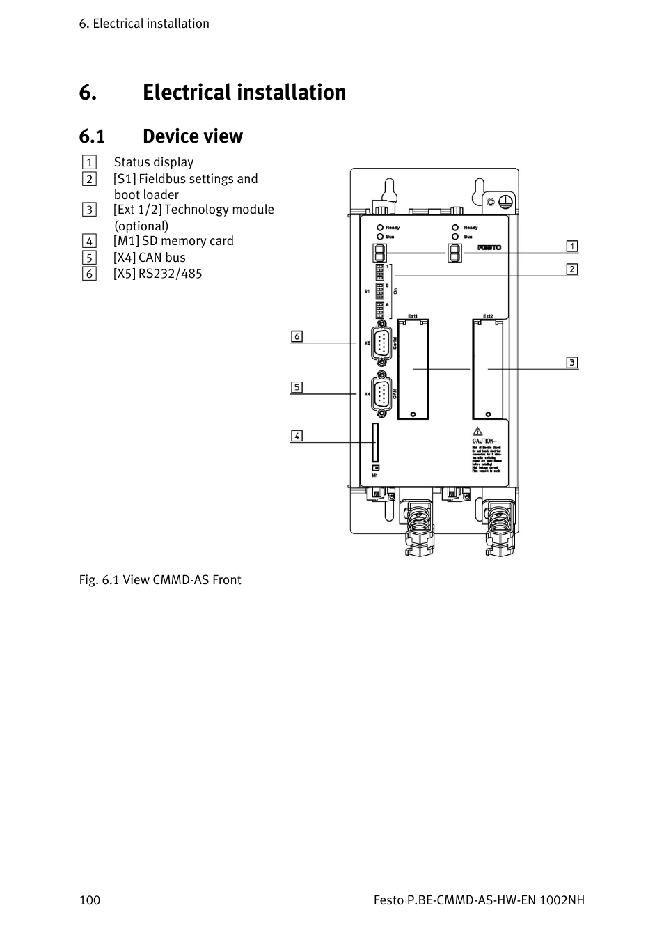 Electrical installation, Device view, 1 device view | Festo Контроллер двигателя CMMD-AS User Manual | Page 100 / 131