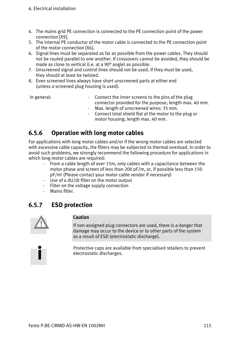Operation with long motor cables, Esd protection, 6 operation with long motor cables | 7 esd protection | Festo Контроллер двигателя CMMD-AS User Manual | Page 115 / 131