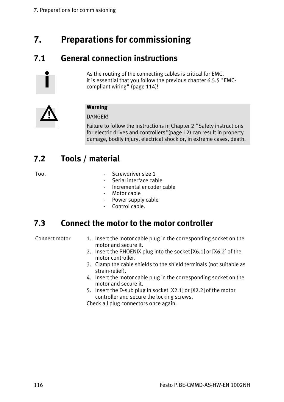 Preparations for commissioning, General connection instructions, Tools / material | Connect the motor to the motor controller, 1 general connection instructions, 2 tools / material, 3 connect the motor to the motor controller | Festo Контроллер двигателя CMMD-AS User Manual | Page 116 / 131
