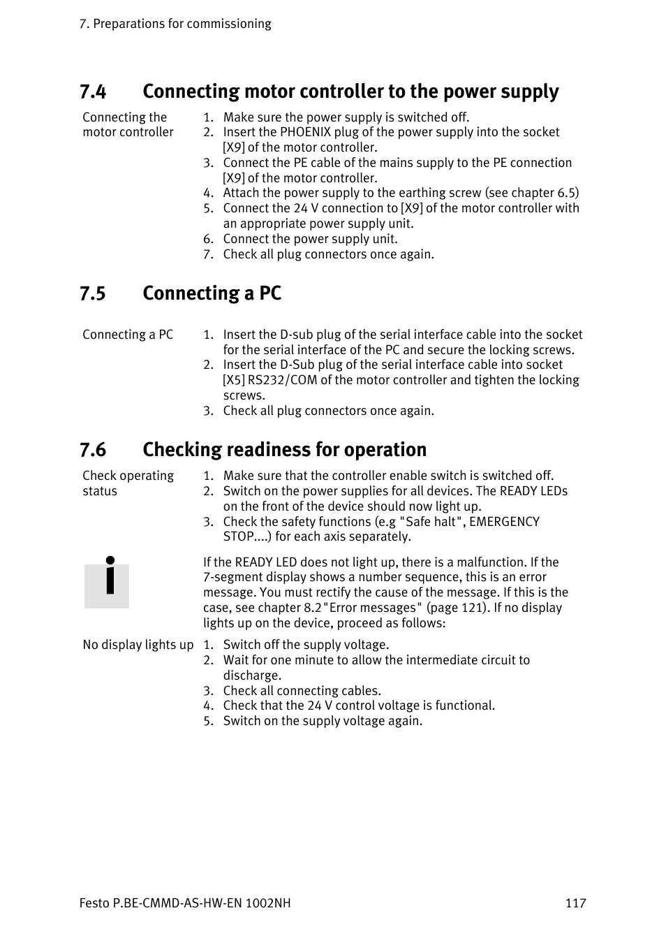 Connecting motor controller to the power supply, Connecting a pc, Checking readiness for operation | 4 connecting motor controller to the power supply, 5 connecting a pc, 6 checking readiness for operation | Festo Контроллер двигателя CMMD-AS User Manual | Page 117 / 131