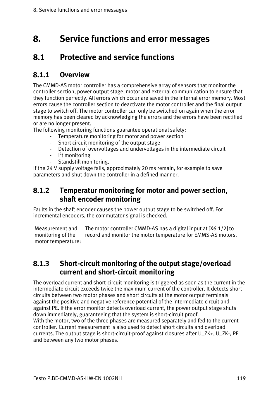 Service functions and error messages, Protective and service functions, Overview | 1 protective and service functions | Festo Контроллер двигателя CMMD-AS User Manual | Page 119 / 131