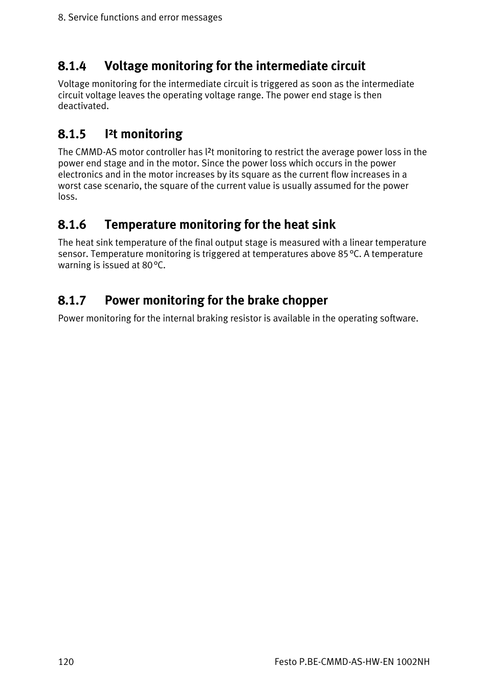 Voltage monitoring for the intermediate circuit, I²t monitoring, Temperature monitoring for the heat sink | Power monitoring for the brake chopper, 4 voltage monitoring for the intermediate circuit, 5 i²t monitoring, 6 temperature monitoring for the heat sink, 7 power monitoring for the brake chopper | Festo Контроллер двигателя CMMD-AS User Manual | Page 120 / 131