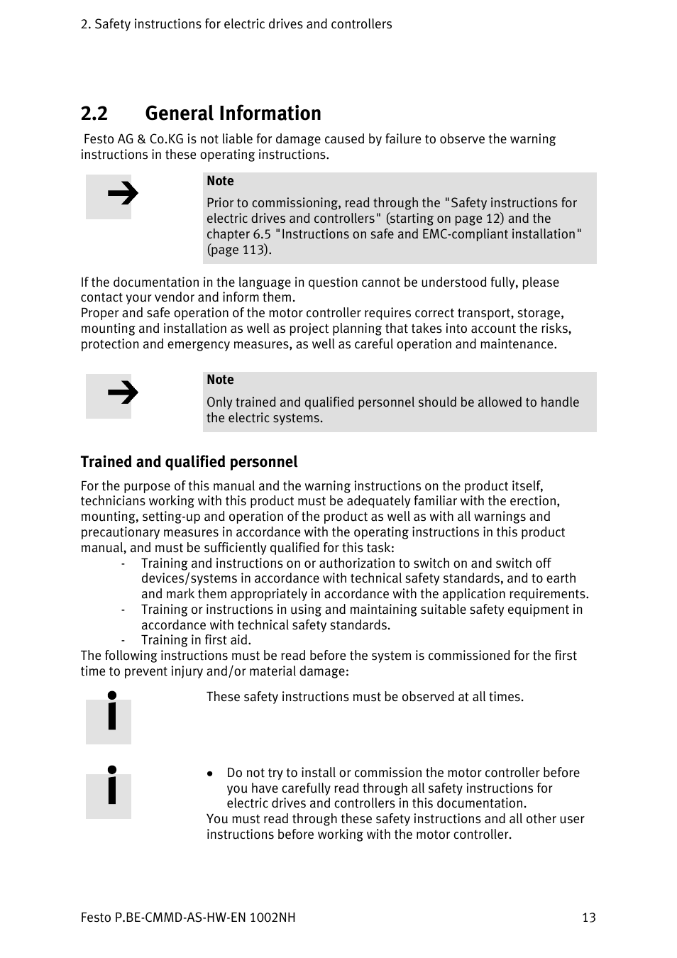 General information, Trained and qualified personnel, 2 general information | Festo Контроллер двигателя CMMD-AS User Manual | Page 13 / 131