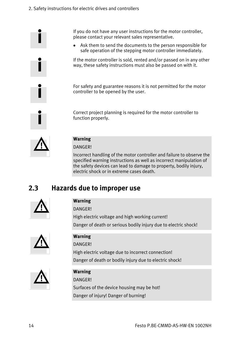 Hazards due to improper use, 3 hazards due to improper use | Festo Контроллер двигателя CMMD-AS User Manual | Page 14 / 131