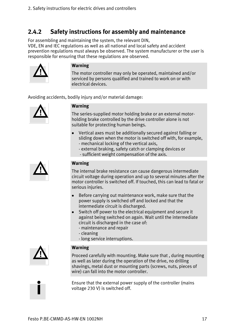 Safety instructions for assembly and maintenance, 2 safety instructions for assembly and maintenance | Festo Контроллер двигателя CMMD-AS User Manual | Page 17 / 131