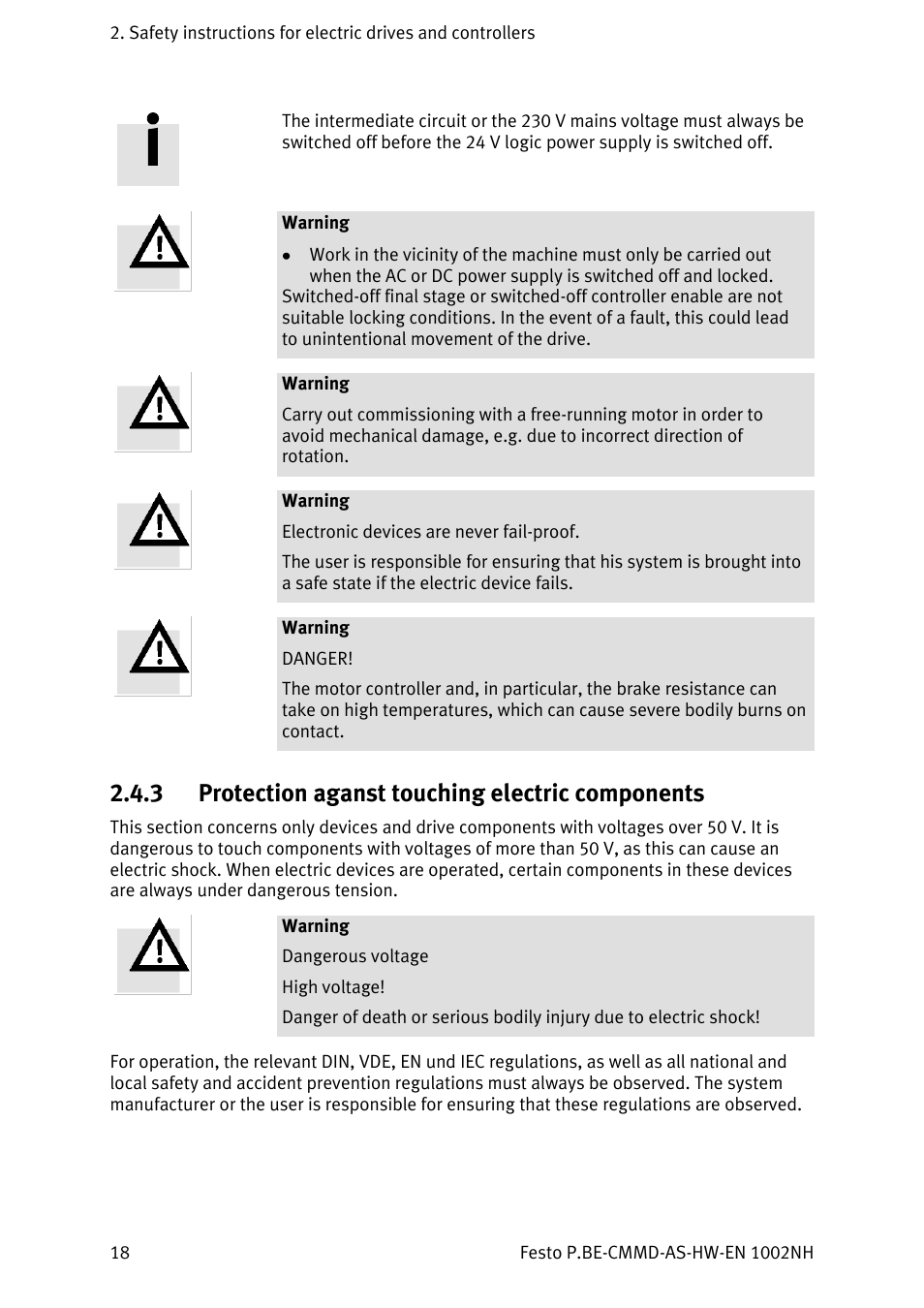 Protection aganst touching electric components, 3 protection aganst touching electric components | Festo Контроллер двигателя CMMD-AS User Manual | Page 18 / 131