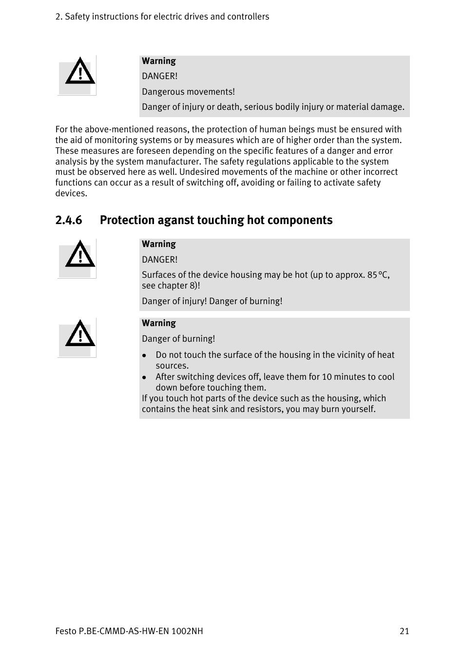 Protection aganst touching hot components, 6 protection aganst touching hot components | Festo Контроллер двигателя CMMD-AS User Manual | Page 21 / 131