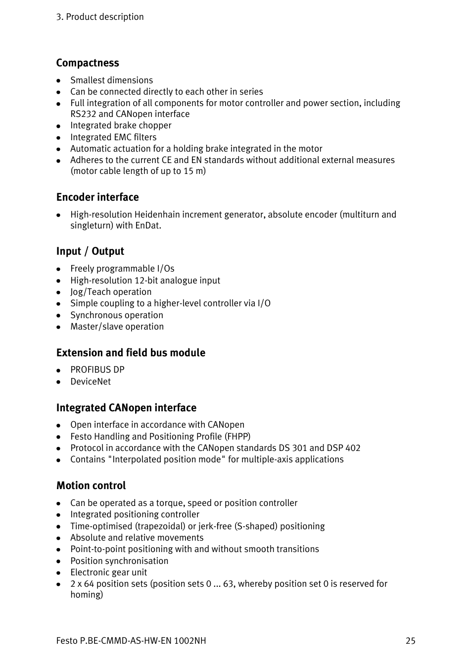 Compactness, Encoder interface, Input / output | Extension and field bus module, Integrated canopen interface, Motion control | Festo Контроллер двигателя CMMD-AS User Manual | Page 25 / 131