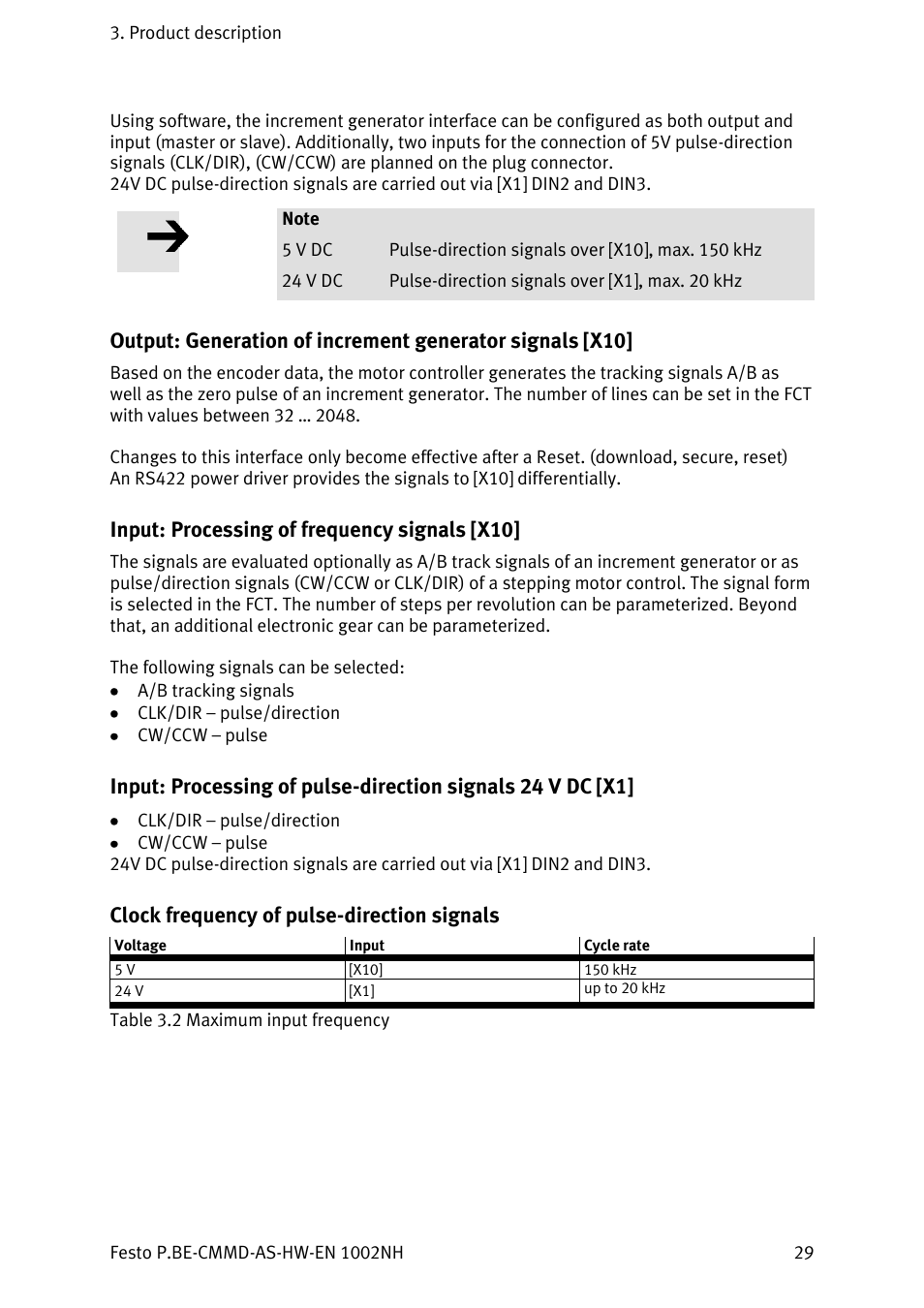 Input: processing of frequency signals [x10, Clock frequency of pulse-direction signals | Festo Контроллер двигателя CMMD-AS User Manual | Page 29 / 131