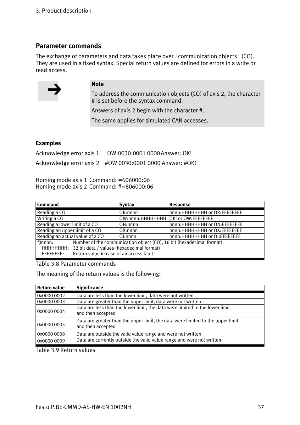 Parameter commands, Examples | Festo Контроллер двигателя CMMD-AS User Manual | Page 37 / 131