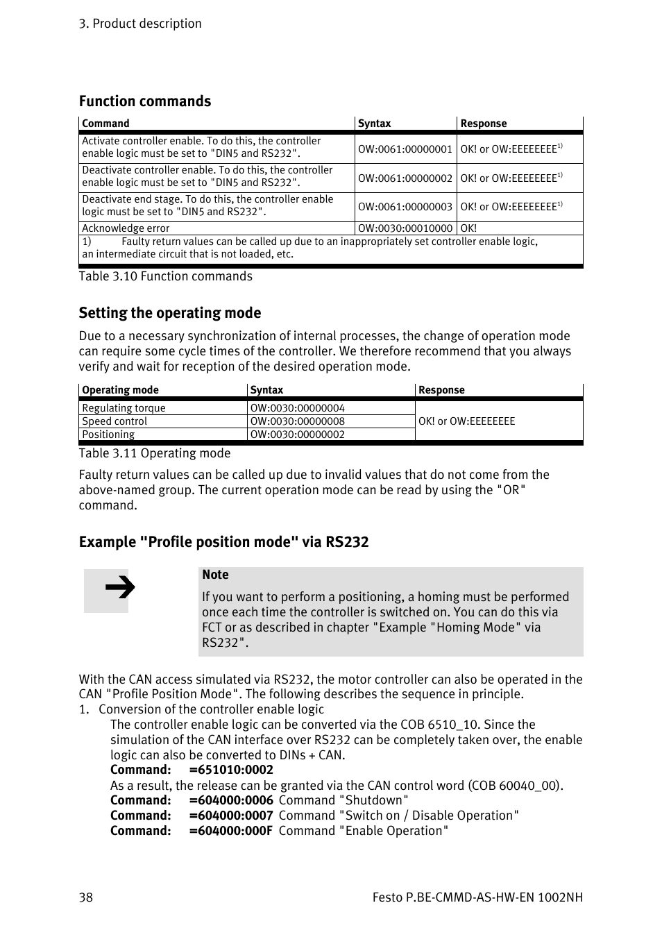 Function commands, Setting the operating mode, Example "profile position mode" via rs232 | Festo Контроллер двигателя CMMD-AS User Manual | Page 38 / 131