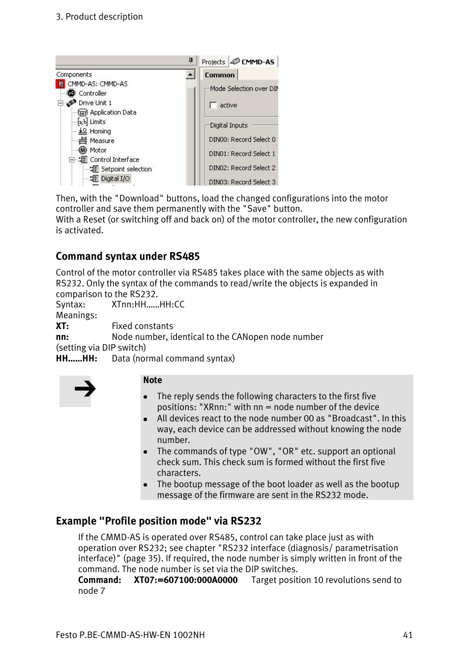 Command syntax under rs485, Example "profile position mode" via rs232 | Festo Контроллер двигателя CMMD-AS User Manual | Page 41 / 131