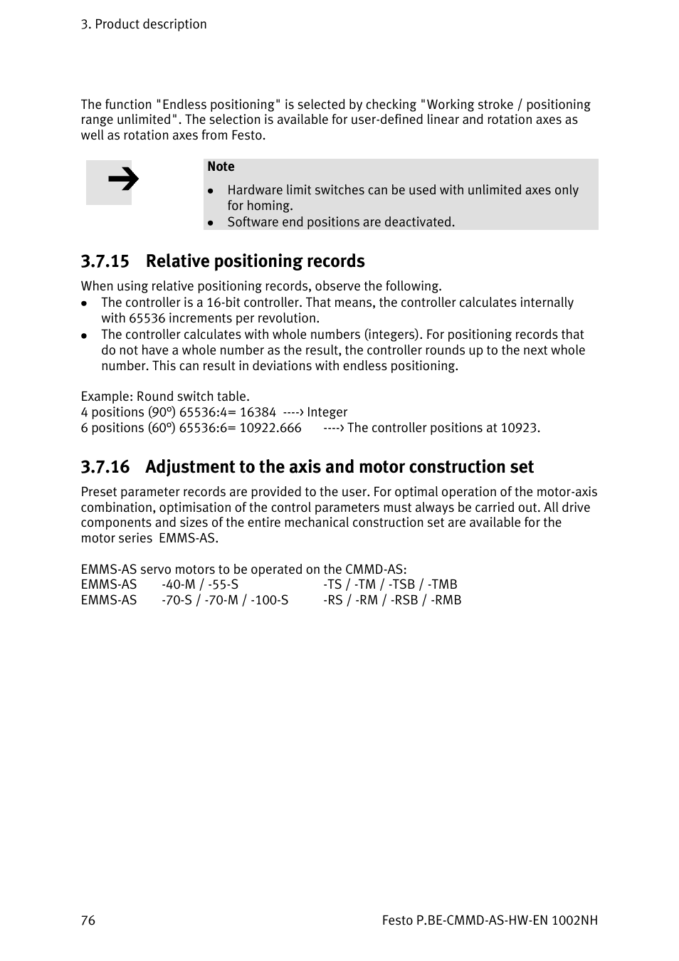 Relative positioning records, Adjustment to the axis and motor construction set, 15 relative positioning records | Festo Контроллер двигателя CMMD-AS User Manual | Page 76 / 131