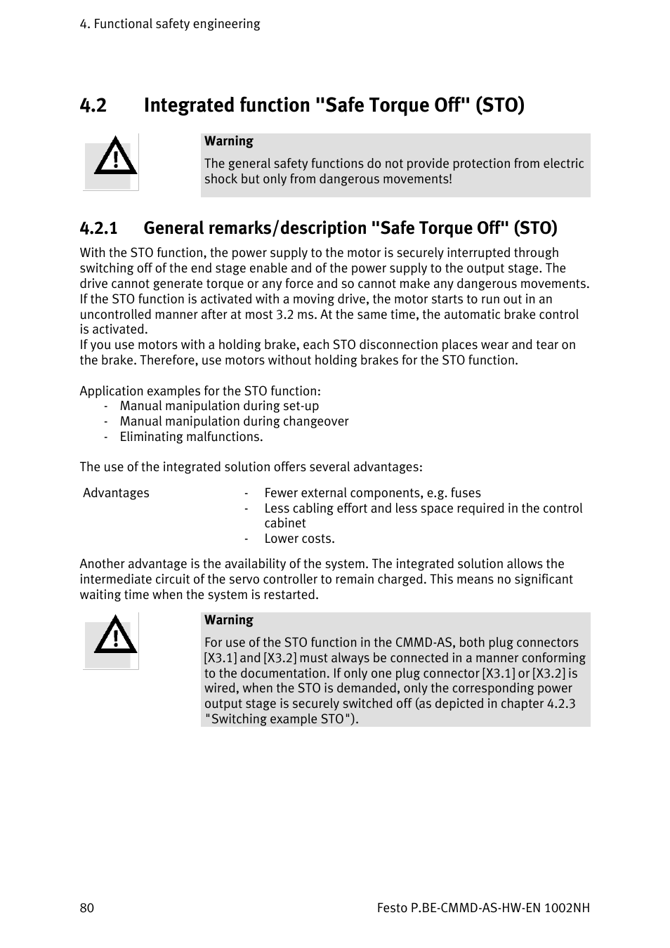 Integrated function "safe torque off" (sto), 2 integrated function "safe torque off" (sto) | Festo Контроллер двигателя CMMD-AS User Manual | Page 80 / 131