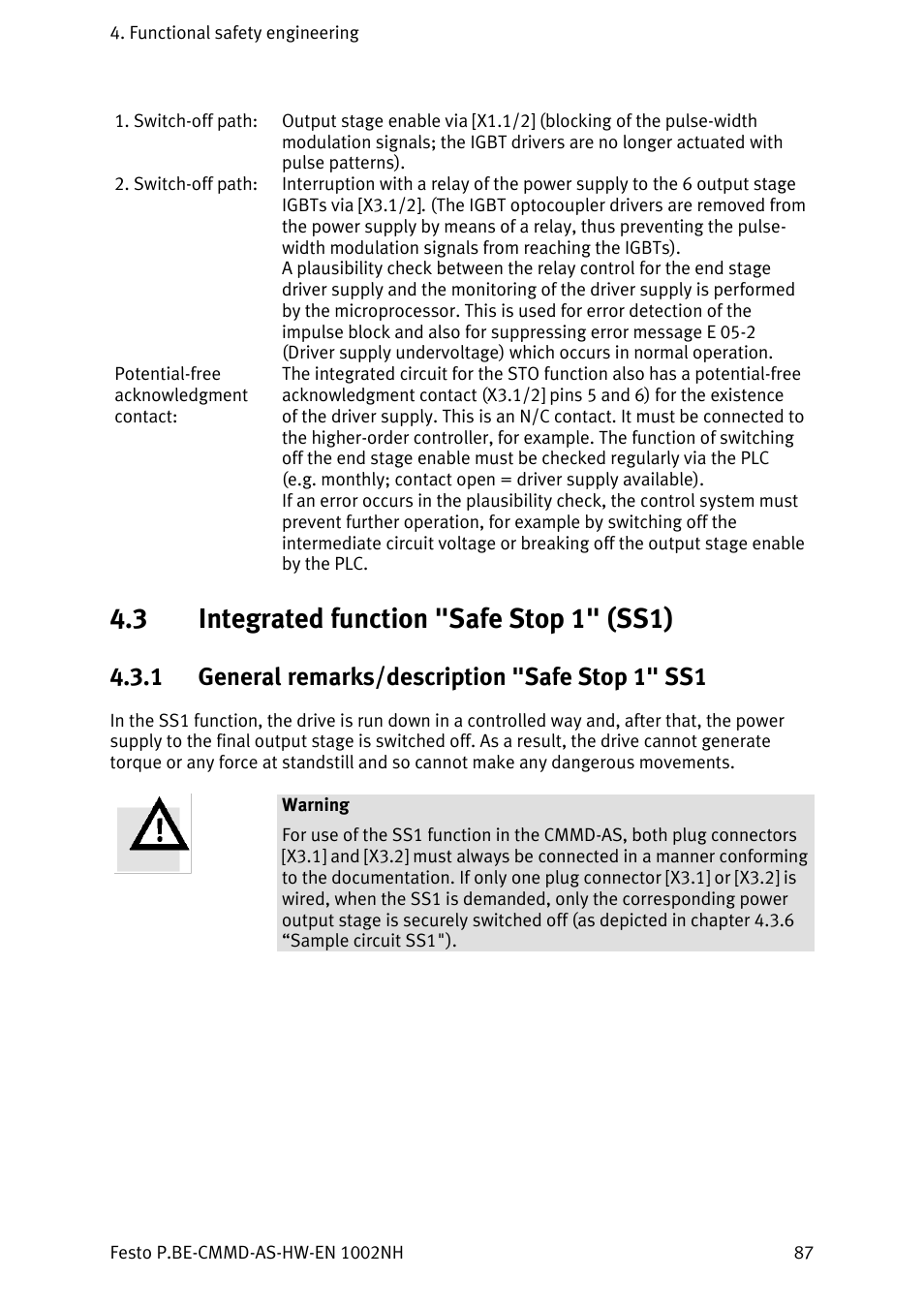 Integrated function "safe stop 1" (ss1), General remarks/description "safe stop 1" ss1, 3 integrated function "safe stop 1" (ss1) | 1 general remarks/description "safe stop 1" ss1 | Festo Контроллер двигателя CMMD-AS User Manual | Page 87 / 131