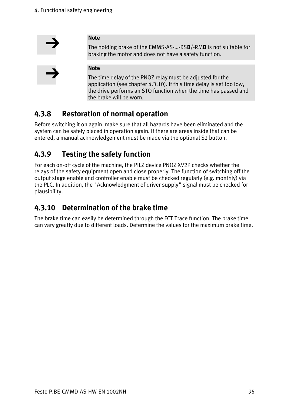 Restoration of normal operation, Testing the safety function, Determination of the brake time | 8 restoration of normal operation, 9 testing the safety function, 10 determination of the brake time | Festo Контроллер двигателя CMMD-AS User Manual | Page 95 / 131