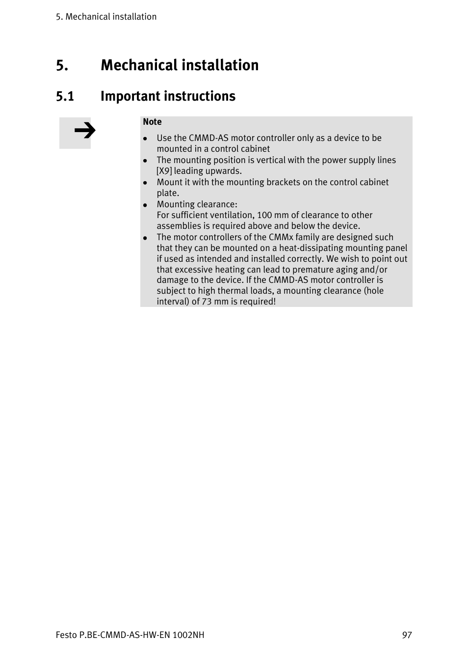 Mechanical installation, Important instructions, 1 important instructions | Festo Контроллер двигателя CMMD-AS User Manual | Page 97 / 131