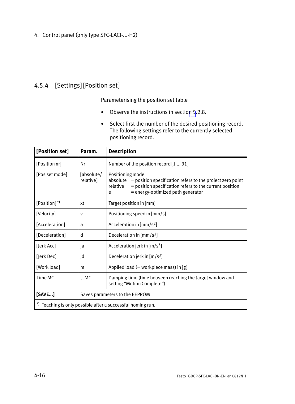 4 [settings] [position set, Settings] [position set | Festo Контроллеры двигателя SFC-LAC User Manual | Page 100 / 379