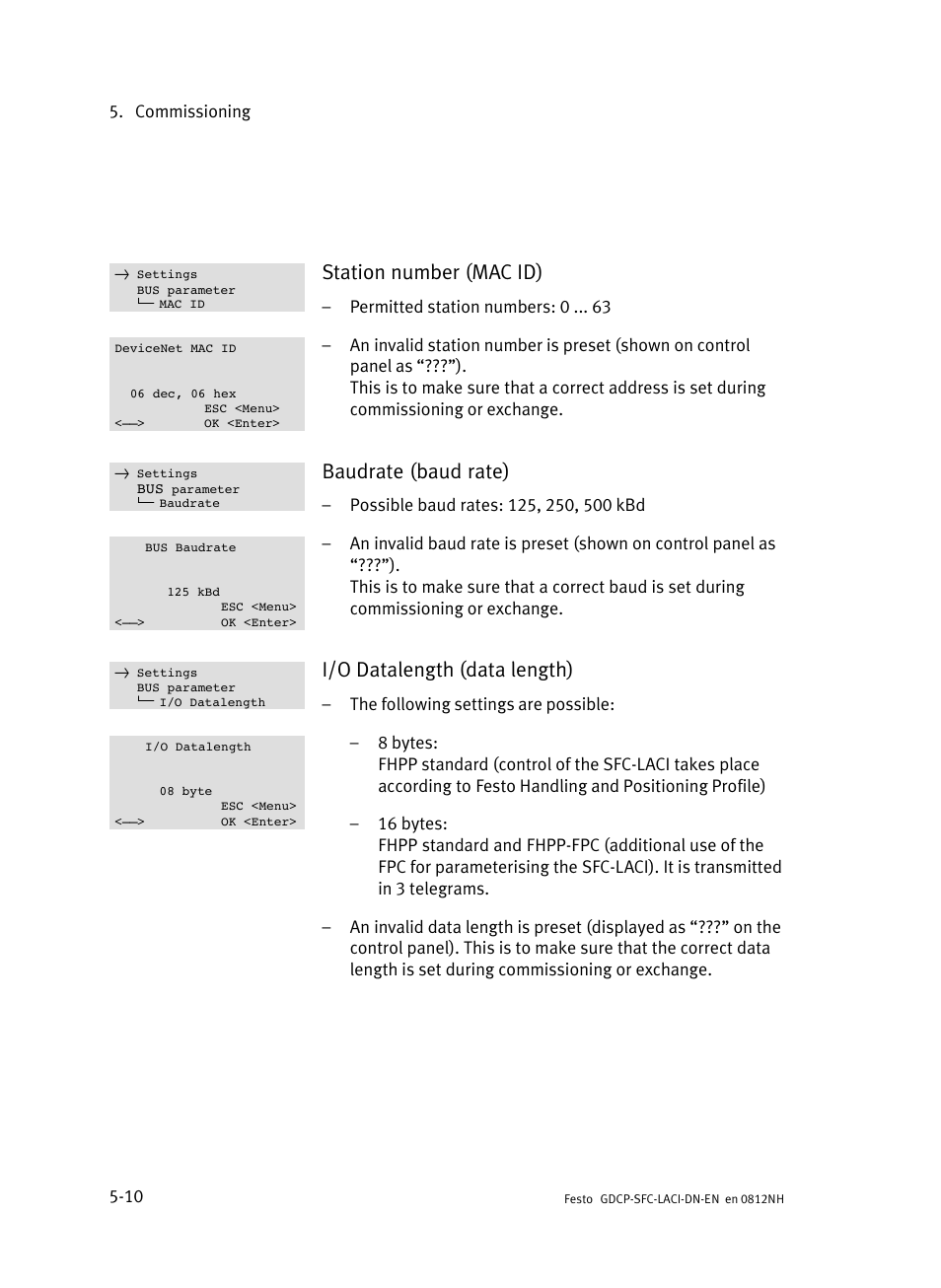 Station number (mac id), Baudrate (baud rate), I/o datalength (data length) | Festo Контроллеры двигателя SFC-LAC User Manual | Page 114 / 379