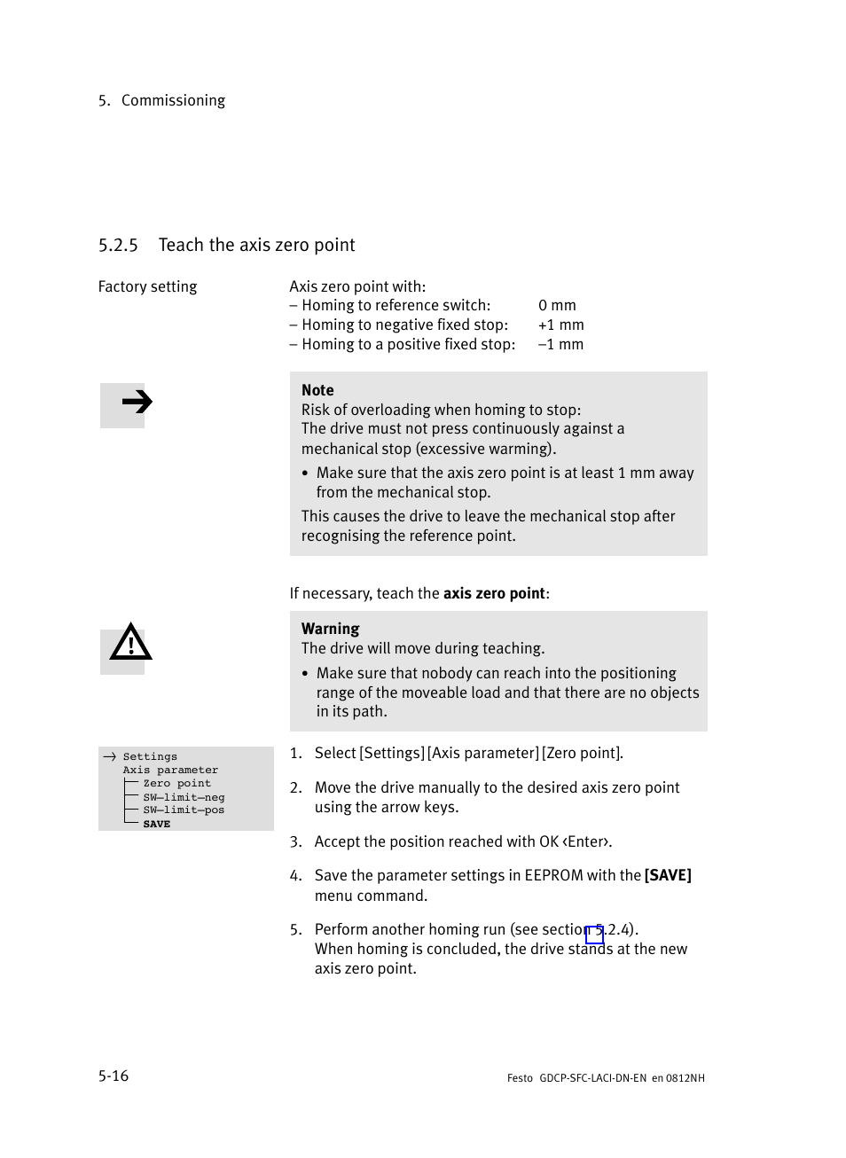 5 teach the axis zero point, Teach the axis zero point | Festo Контроллеры двигателя SFC-LAC User Manual | Page 120 / 379