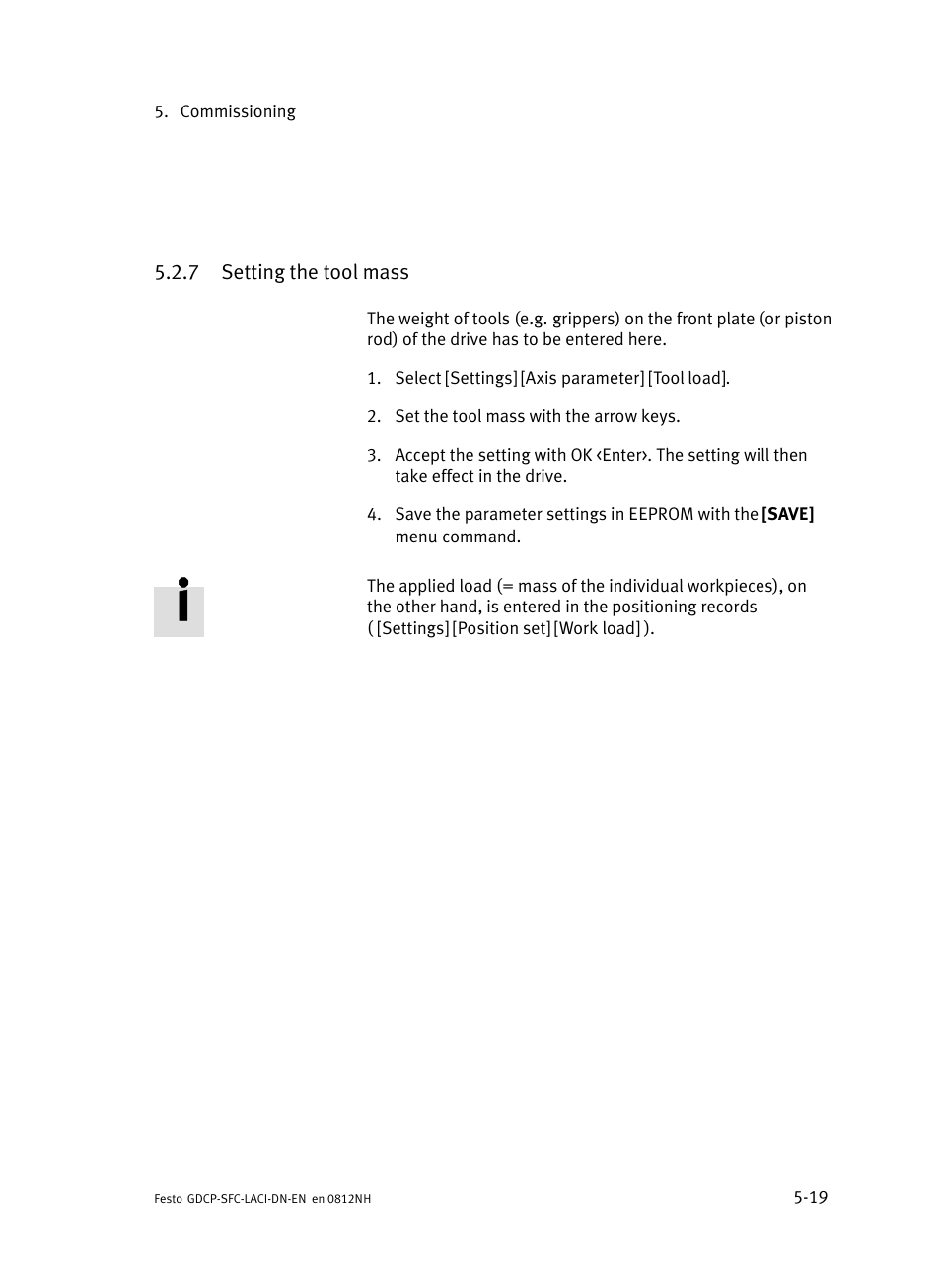 7 setting the tool mass, Setting the tool mass | Festo Контроллеры двигателя SFC-LAC User Manual | Page 123 / 379