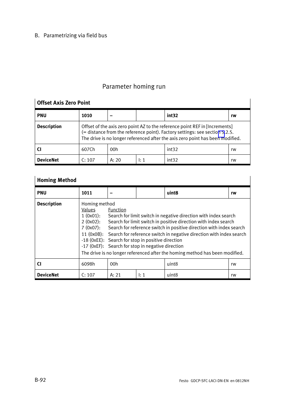 Parameter homing run | Festo Контроллеры двигателя SFC-LAC User Manual | Page 312 / 379