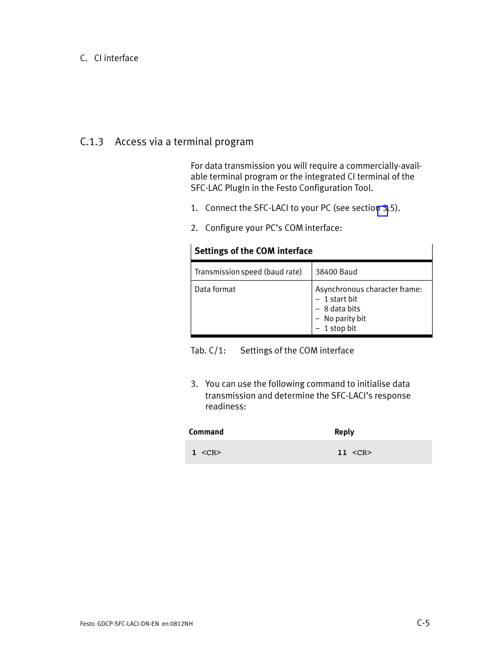 C.1.3 access via a terminal program, C.1.3, Access via a terminal program | Festo Контроллеры двигателя SFC-LAC User Manual | Page 341 / 379