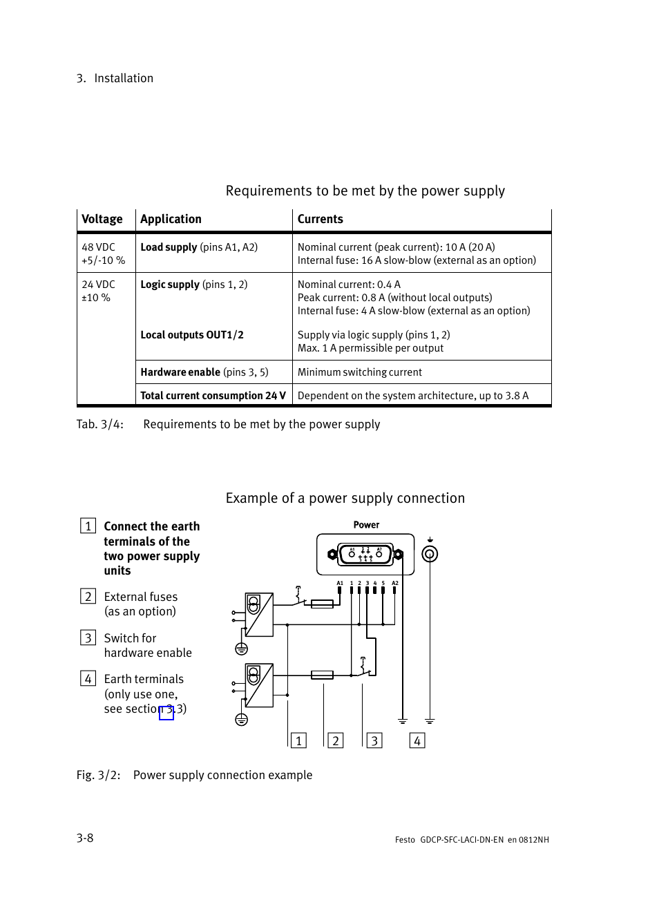 Requirements to be met by the power supply, Example of a power supply connection 1 | Festo Контроллеры двигателя SFC-LAC User Manual | Page 62 / 379