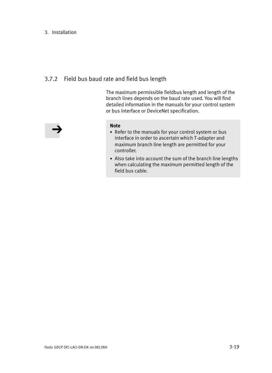 2 field bus baud rate and field bus length, Field bus baud rate and field bus length | Festo Контроллеры двигателя SFC-LAC User Manual | Page 73 / 379