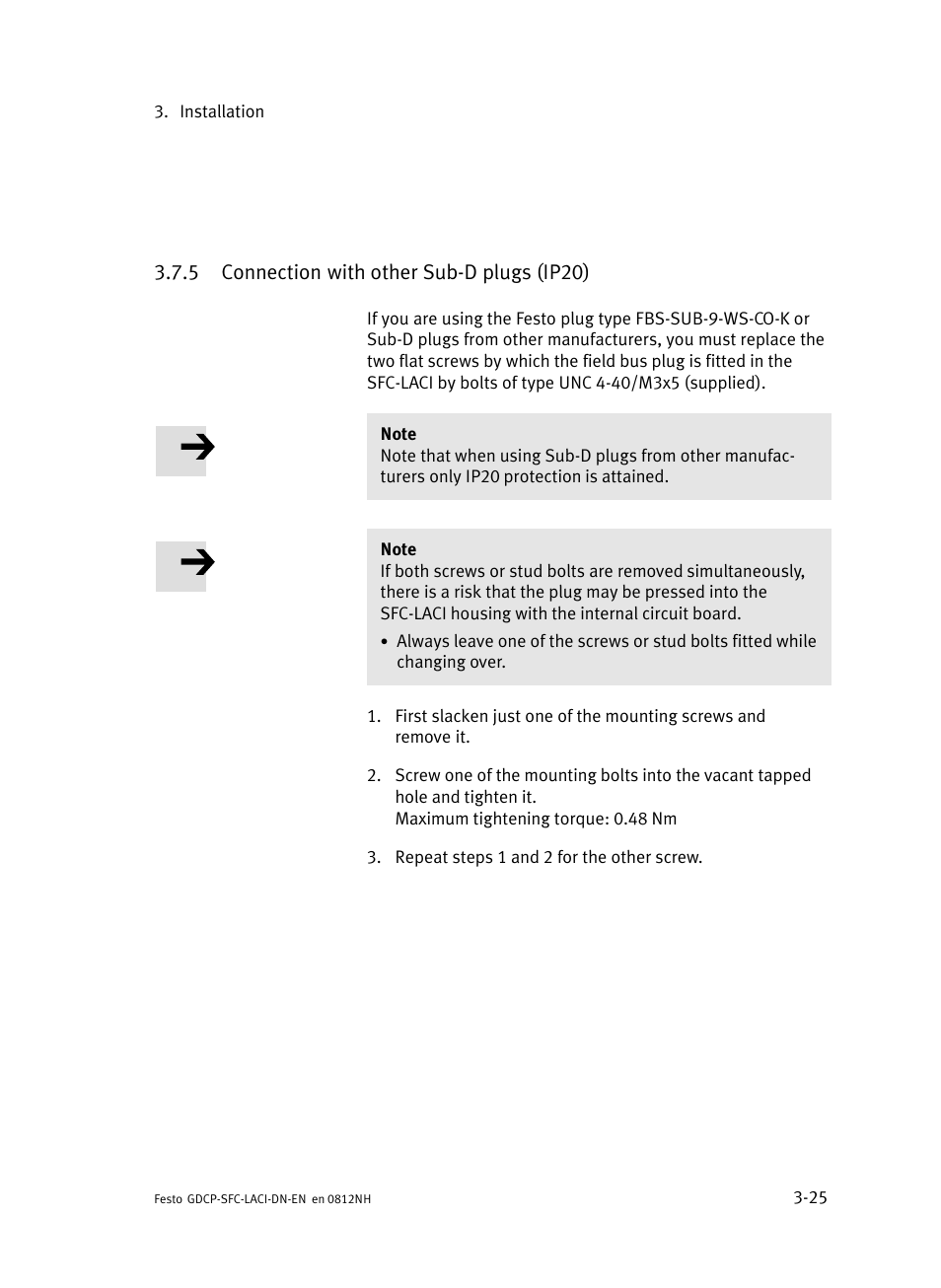 5 connection with other sub-d plugs (ip20), Connection with other sub−d plugs (ip20) | Festo Контроллеры двигателя SFC-LAC User Manual | Page 79 / 379