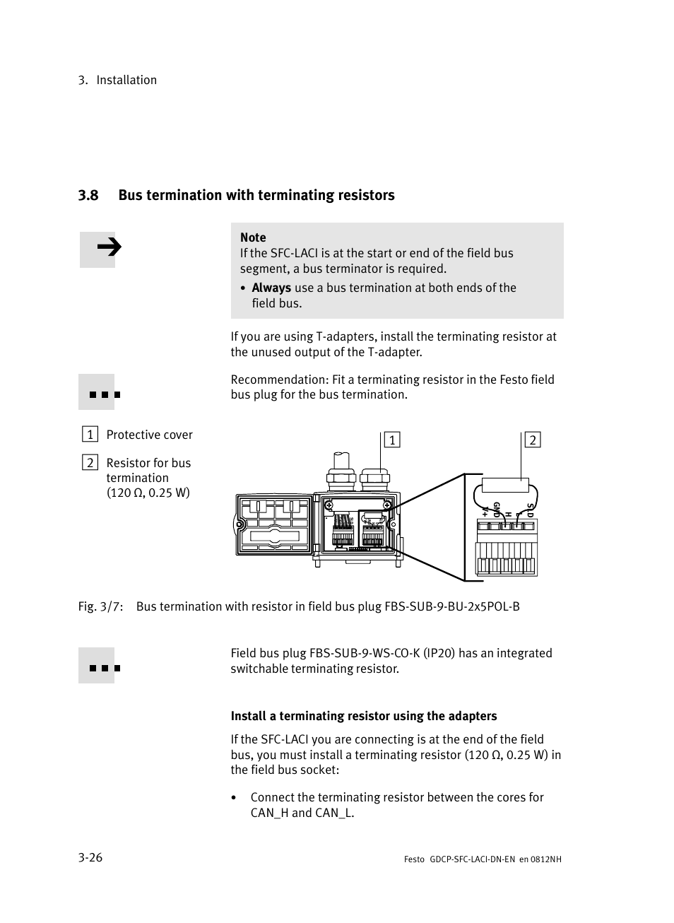 8 bus termination with terminating resistors, Bus termination with terminating resistors, Installation 3−26 | Protective cover | Festo Контроллеры двигателя SFC-LAC User Manual | Page 80 / 379