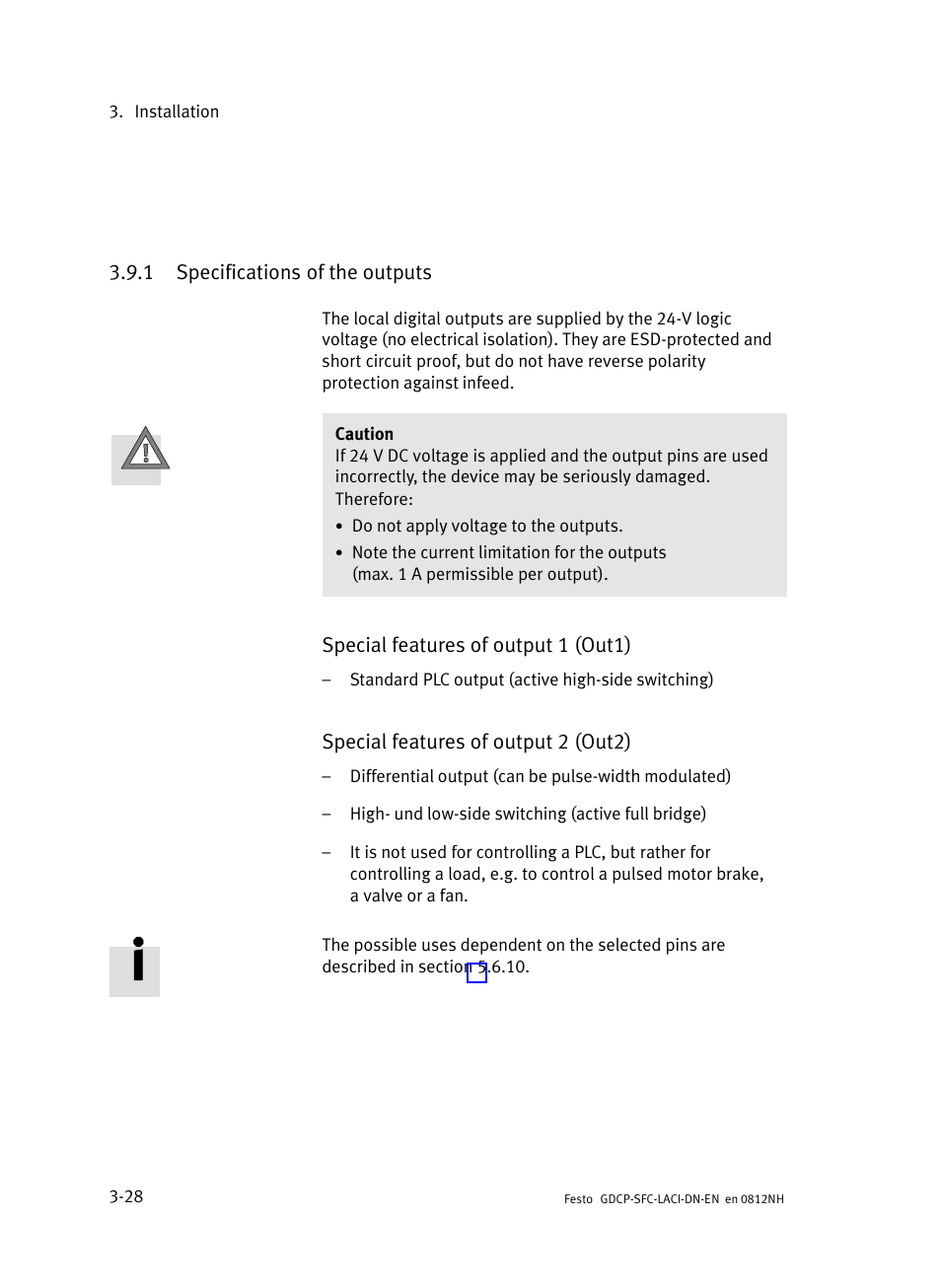 1 specifications of the outputs, Specifications of the outputs | Festo Контроллеры двигателя SFC-LAC User Manual | Page 82 / 379