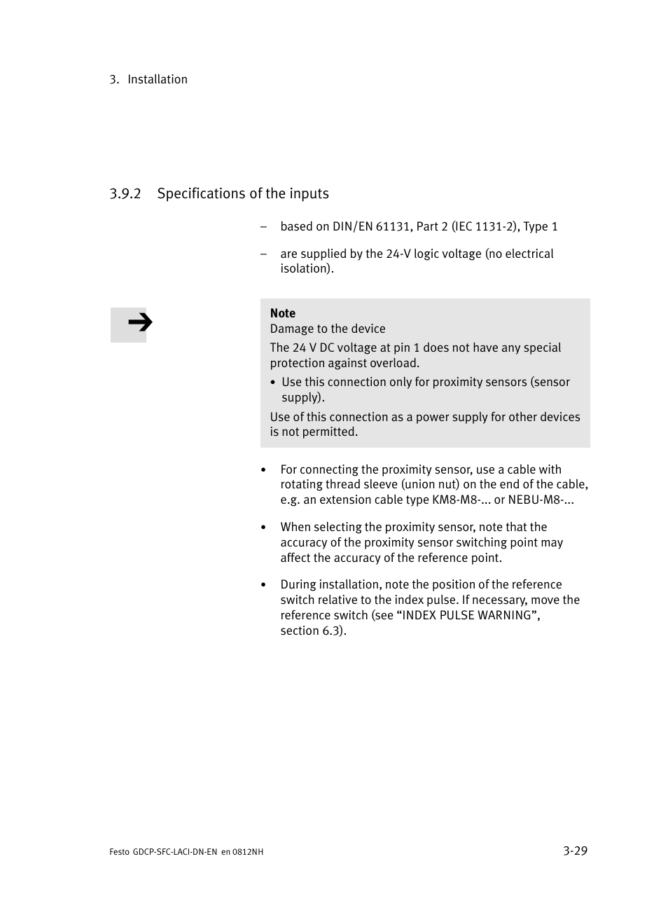 2 specifications of the inputs, Specifications of the inputs | Festo Контроллеры двигателя SFC-LAC User Manual | Page 83 / 379