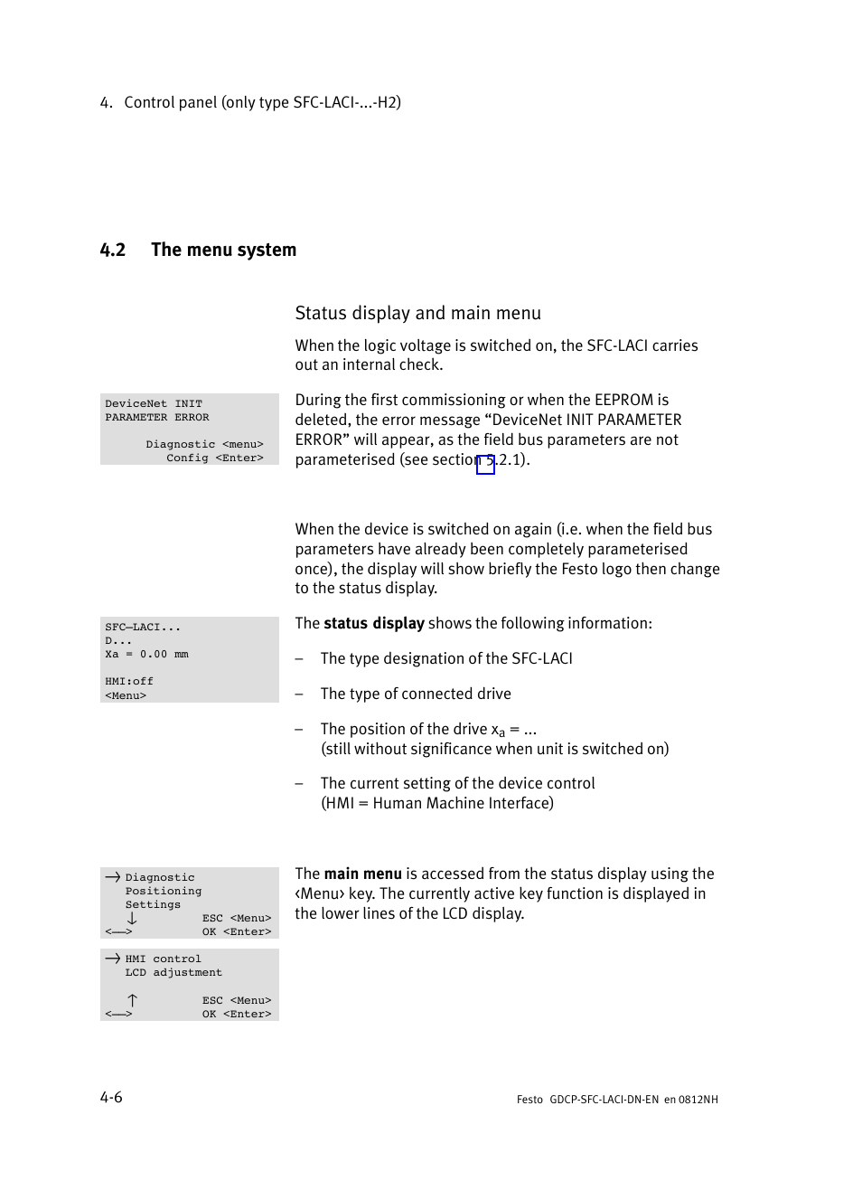 2 the menu system, The menu system, 2 the menu system status display and main menu | Festo Контроллеры двигателя SFC-LAC User Manual | Page 90 / 379