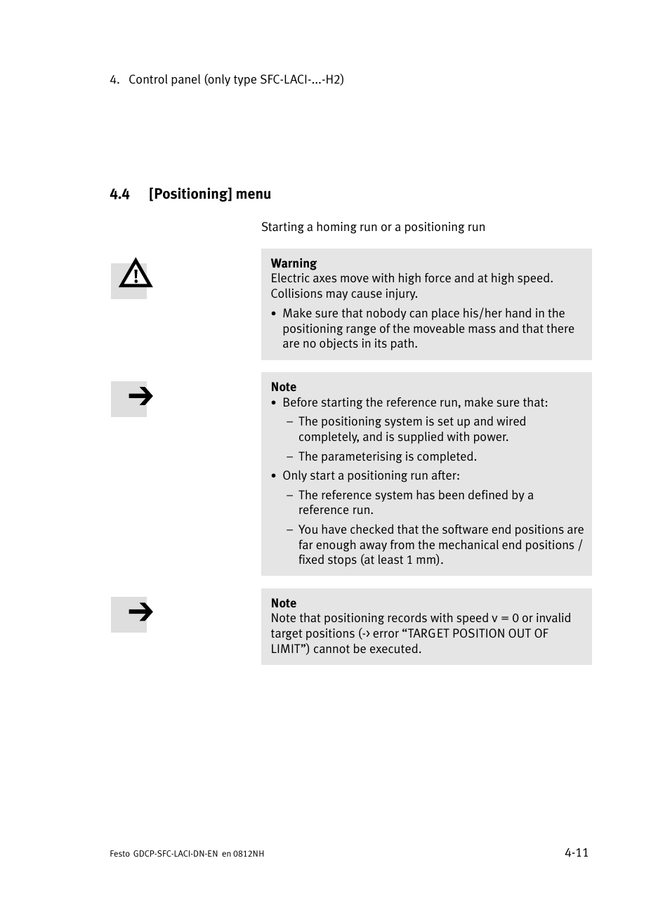 4 [positioning] menu, Positioning] menu | Festo Контроллеры двигателя SFC-LAC User Manual | Page 95 / 379